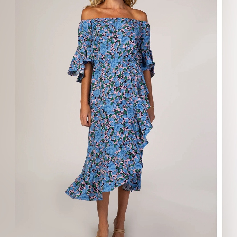 Blue Floral Off Shoulder Ruffle Maternity Dress